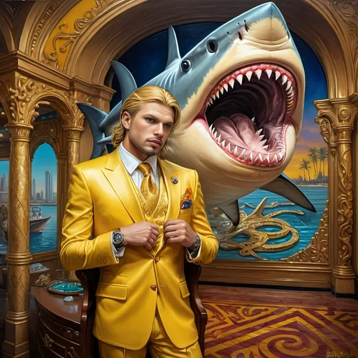 Prompt: a 7 Wonders Art Glass Studio oil painted masterpiece of a shark in a yellow suit with a shark head on his head and a casino in background fantastic realism, loftis, a fine art painting.  Honors the Goddess Nuit.