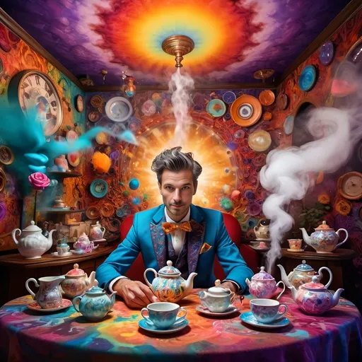 Prompt: (psychedelic still life portrait), vibrant colors, (magician jack-in-the-box man), whimsical tea party ambience, enchanting teapots, magical items animated around him, open book in front, dreamy and surreal atmosphere, intricate details, flowing patterns, mesmerizing depth, an explosion of colors, high-definition masterpiece, captivating and playful vibe.