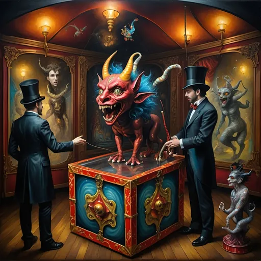 Prompt: (7 Wonders Art Glass Studio), (oil painting), demons as jack-in-the-boxes, circus setting, (highly detailed), (ultra-fine details), esoteric ambiance, dark and mysterious atmosphere, surreal colors, intricate textures, curiosity sparks, vivid contrasting shadows, ethereal lighting, artistically whimsical exhibits, hauntingly beautiful, capturing the essence of Nuit.