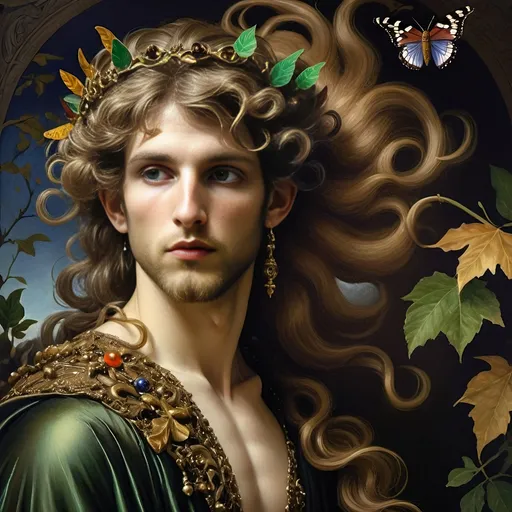 Prompt: (Honoring Nuit, Autumn Equinox), (Renaissance style), woman depicted as nature, flowing dress, butterfly in hair, rich and dark color palette, lush foliage backdrop, mood of serenity and mystery, intricate details in hair and dress, soft chiaroscuro lighting, evocative atmosphere, ultra-detailed, masterful composition, capturing the essence of autumn transition.