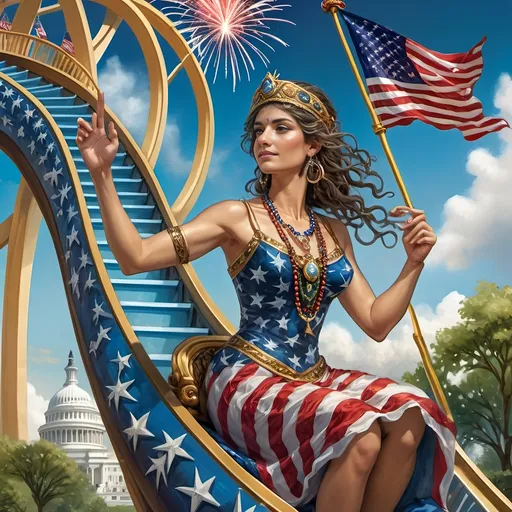 Prompt: a 7 Wonders Art Glass Studio of a person in patriotic dress riding the rollercoaster Liberty Park, located in Washington D.C, Northern Virginia, and Maryland local attractions, with U.S.Flag themes and float in the background and fireworks in the sky, 4th of July in Liberty Park.  honoring the goddess Nuit.