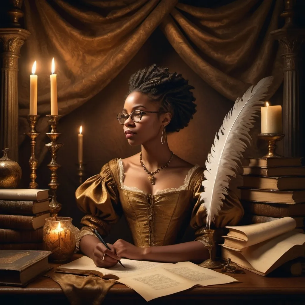 Prompt: (Baroque-style still-life portrait), an elegant Black female poet, (literary creativity), surrounded by quill pens, parchment, and books, infused with rich details, (dramatic candlelit background), warm golden hues, intricate textures, expressive emotions, portraying admiration and inspiration, high-resolution, ultra-detailed, art of storytelling and legacy.