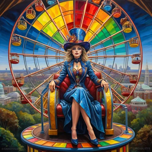 Prompt: (oil painting), psychedelic, a mesmerizing (woman magician) with an elaborate costume, riding a stunning Ferris Wheel crafted from colorful stained glass, a child sitting in her lap, vibrant and surreal, set in D.C.'s Liberty Amusement Park, iconic D.C. monuments and attractions in the backdrop, dramatic lighting, rich colors, ultra-detailed and dynamic composition.