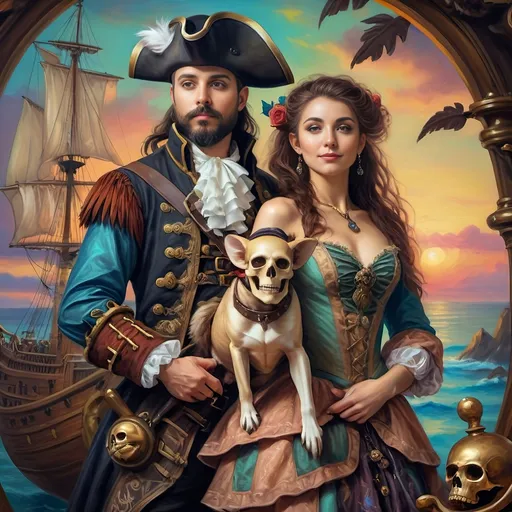 Prompt: (Renaissance oil painting "Honoring Nuit"), A highly detailed image of a pirate man and his lover dressed in ornate pirate costumes of the Conquistador period, dramatically posed together in front of a majestic ship adorned with a skull, lush vibrant colors, rich textures, mystical atmosphere, cinematic depth, featuring intricate backgrounds, a beautiful sunset sky, 4K, fantasy art influence, captures the essence of adventure and romance within this oil painted masterpiece.