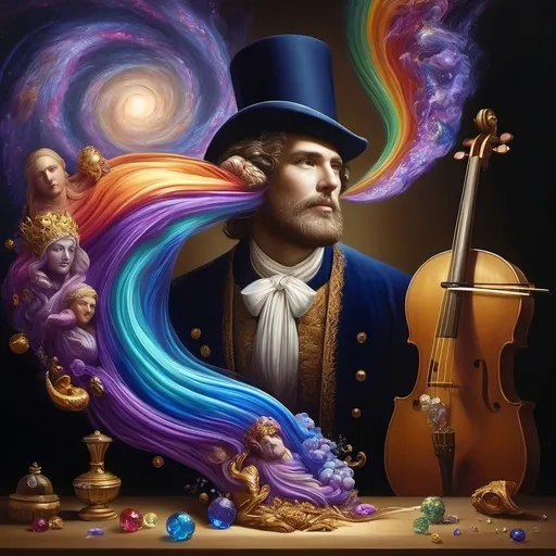 Prompt: (Hearing in Color) art deco painting, a man with a violin surrounded by musical instruments, vibrant rainbow swirl background, music visualized as colors flowing in and out of his ears, dynamic and lively. Richly detailed elements reflecting renaissance still life, vivid color scheme highlighting motion and emotion, (4K), ultra-detailed, captivating atmosphere that captures the essence of sound.