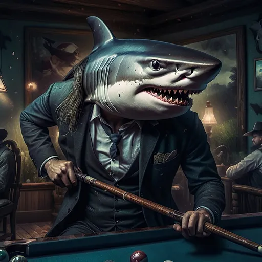 Prompt: (shark in a suit, playing pool), fine art, (pop surrealism) influences, classical painting style, whimsical atmosphere, (detailed textures), vibrant color tones, deep blues and greens, mixed with rich burgundies, engaging composition, pool cues and balls (surreal twist), intricately painted background with elements of artistry, 4K quality, (evocative mood), inspired by 7 Wonders Art Glass Studio, honoring Nuit.