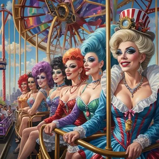 Prompt: (A magnificent oil masterpiece detailing) a group of vibrant drag queens, (spectacularly dressed) in fabulous clothing, joyfully riding the Nation’s New drag queen roller coaster in Liberty Park. In the background, (radiant) Ferris Wheel of Drag Queens looms, overlooking colorful local attractions under a (whimsical) nighttime sky, honoring the spirit of Nuit. (Ultra-detailed, vivid colors) bring this dynamic scene to life, celebrating pride and creativity.