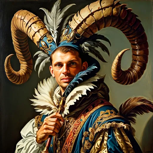 Prompt: (renaissance still-life painting), (vibrant colors), a man with a decorative horned mask, gripping a feather in one hand and a sword in the other, rich textures, (classic Renaissance elements), intricate details in the elaborate fabric and background, warm, dramatic lighting, high definition, evocative atmosphere, ornate setting adorned with sumptuous fruits, elegant drapery, and finely crafted vessels, capturing the essence of grandeur and nobility.