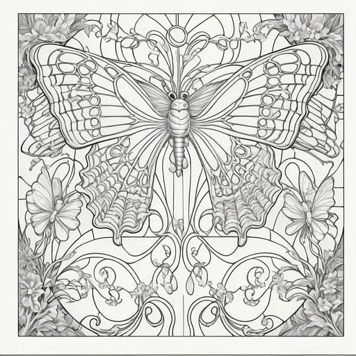 Prompt: A Seven Wonders Art Glass Studio (SWAG) window pattern (traced image) with moth and butterflies and flora in it, and a sunburst above it.  This is a Template to make stained glass window.  art nouveau, intricate linework, lineart.  (Honoring Nuit)