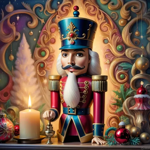 Prompt: (psychedelic nutcracker) with (vibrant color scheme), intricate candle and candle holder in front, surrounded by (Christmas decorations), inspired by (Anne Stokes), (pop surrealism) style, extremely detailed (oil painting), showcasing an enchanting festive atmosphere, swirling colors, and whimsical elements, soft glowing light effects creating a joyful and magical ambiance, (highly artistic) airbrush techniques, (ultra-detailed) vivid imagery.