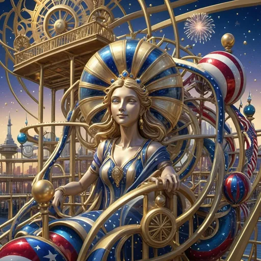 Prompt: (7 Wonders Art Glass Studio), a person in (patriotic dress), riding a vibrant rollercoaster at Liberty Park, dazzling fireworks exploding against the night sky, U.S. flag-themed floats decorating the scene, the illuminated Capital Wheel on the Wharf, vibrant and festive atmosphere, encapsulating the essence of freedom, (cultural homage to goddess Nuit), surreal composition, full of energy, colorful, high-quality 4K detail, cinematic depth.