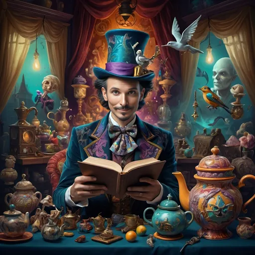 Prompt: (vibrant psychedelic still life), portrait of a magician jack-in-the-box man, surrounded by whimsical teapots and enchanting magical items, coming to life, playful ambiance, lively colors, an open book in front of him, surrealistic elements, dreamlike atmosphere, richly detailed background, (spectacular color gradients), ultra-detailed, eye-catching composition, high-quality artwork.