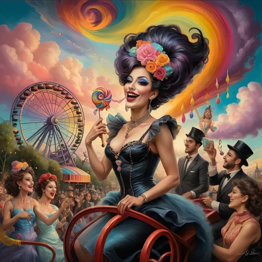 Prompt: (honoring nuit), a mesmerizing painting of colorful drag queens exuding joy and fabulousness while riding a roller coaster, vibrant (rainbow) painted on the side, a whimsical ferris wheel creating a festive atmosphere in the background, whimsical cotton candy clouds, (dynamic movement), warm pastel colors enhancing the lively scene, ultra-detailed, high-quality artwork capturing a celebratory ambiance.