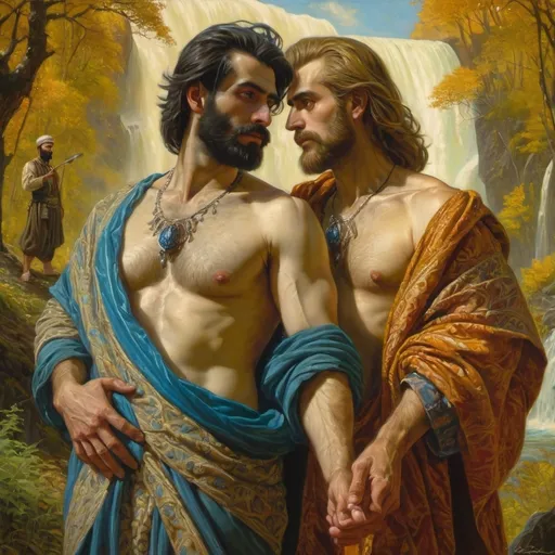 Prompt: a painting of two men in a forest with a waterfall in the background and a man with a beard, Donato Giancola, qajar art, classical painting, a painting