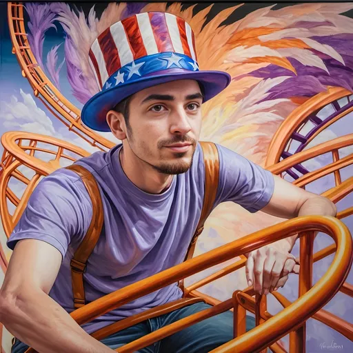 Prompt: A Seven Wonders Art Glass Studio masterpiece painting of a man in a patriotic hat riding Freedom rollercoaster in D. C.’s new amusement park named Freedom Park.  Honoring Nuit.