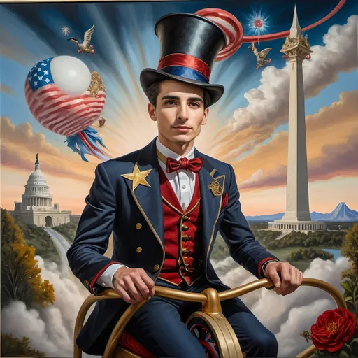 Prompt: (Acrylic painting of a magician man), wearing a (patriotic top hat), joyfully riding a (whimsical rollercoaster) in Liberty Park, with (HD details), vibrant colors, and enchanting motifs. The scene features the (Washington Monument) in the background, as well as the phrase (accurately spelled text "Yankee Doodle"). An aura of celebration and magic surrounds the image, honoring Nuit and the Aeon of Horus.