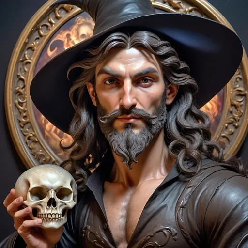 Prompt: (honoring Nuit), moon and stars) captivating handsome man magician, pointed witch hat, facial features highlighted, elegant beard, (renaissance baroque painting style), dark mystical background, rich deep colors with dramatic contrast, elements of Halloween celebration in still life arrangement, enigmatic ambiance, intricate shadows and light, (highly detailed), evoking intrigue and enchantment.