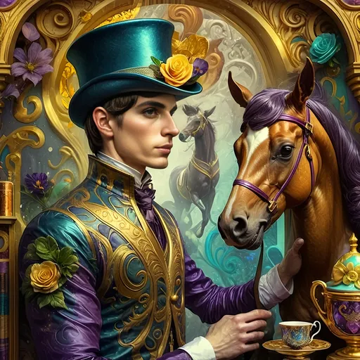 Prompt: (7 Wonders Art Glass Studio), whimsical portrayal of a (magician), clad in a striking (purple suit) and elegant (top hat), gracefully holding a captivating (spell book), surrounded by whimsical (tea cups) and enchanting (magical objects), vibrant colors, detailed and intricate artistry, atmospheric and mystical ambiance, (fourth-wall breaking), ultra-detailed, high-resolution masterpiece portraying enchanting wonder.