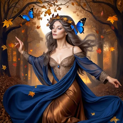 Prompt: (Renaissance style), (dark color scheme), painting of nature as a woman, flowing dress, delicate fabric, intricate details, butterfly in her hair, serene expression, surrounded by autumn leaves, rich browns and deep golds, ethereal atmosphere, soft, glowing light filtering through, capturing the essence of the Autumn Equinox, ultra-detailed, high-quality artwork.