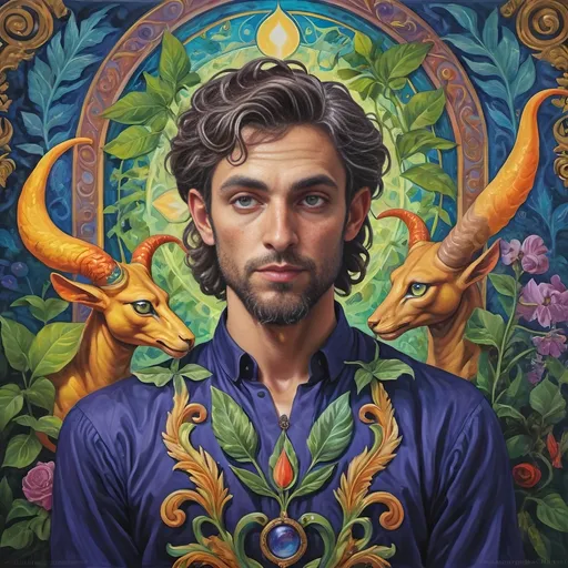 Prompt: (August portrait masterpiece) of a magician satyr, (Renaissance art style), vibrant hues, ethereal lighting, featuring the open eye symbol, honoring Horus and Nuit, mystique serpent transformation qualities, lush Arcadian landscape with rich foliage, intricate glasswork details, reverent atmosphere, dreamlike ambiance, historically accurate attire, reminiscent of classical paintings, (ultra-detailed) composition showcasing magical elements and divine worship intertwined.