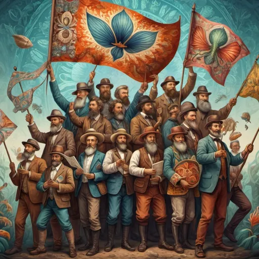 Prompt: (digital painting), (fine art), highly detailed, a vibrant group of people, holding a prominently displayed flag, decorated with the letter 'A', inspired by Ernst Haeckel’s unique style, folk art elements, intricate patterns, and natural forms, harmonious color palette, dynamic composition, celebrating unity and artistry, (4K) quality, rich textures, captivating ambiance.