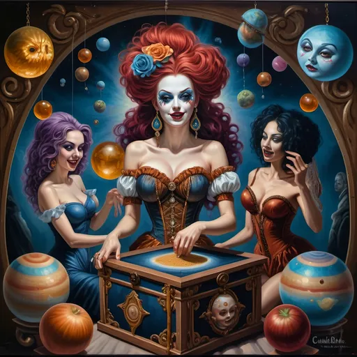 Prompt: (Renaissance oil painting), a stunning masterpiece capturing the essence of the Goddess Nuit, a whimsical Jack-in-the-Box emerging in ornate attire, sewing the seeds of the universe, planets swirling around, vibrant cosmic colors illuminating the canvas, intricate details, rich textures, playful yet profound ambiance, 4K ultra-detailed, an extraordinary blend of mythology and creativity celebrating the act of creation in a mystical setting.