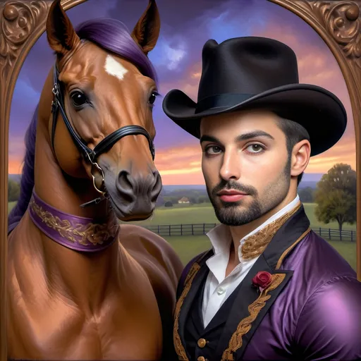 Prompt: (Honoring Nuit), highly detailed oil painting of a thoroughbred horse, Kentucky farm setting, (brilliantly captured) evening dusk, warm golds and deep purples in the sky, lush green pastures, soft shadows across the landscape, tranquil atmosphere, vibrant colors, delicate brushstrokes enhancing the horse's muscular form, realistic texture of the horse's mane, 4K resolution, captivating and serene ambiance.