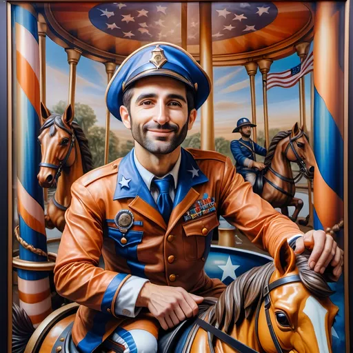 Prompt: (A Seven Wonders Art Glass Studio), oil renaissance painting, (vibrant colors), a man in military uniform, proudly riding on a Carousel of Heroes, surrounded by gracefully carved horses, soft, glowing ambiance, honoring veterans and those serving in the U.S. Military, warm golden lighting, intricate details in the uniform, carousel with richly adorned decorations, respectful atmosphere, high quality, ultra-detailed.