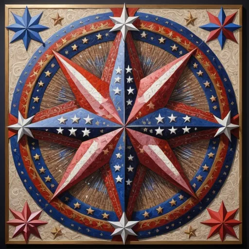 Prompt: (detailed painting), (symbolic star), vibrant colors of the United States, intricate symbols representing America, rich textures, depth in colors, blend of traditional and modern regionalism themes, expressing unity and diversity, profound visual storytelling, captures the essence of American identity, ultra-detailed, a masterpiece celebrating the spirit of the nation.