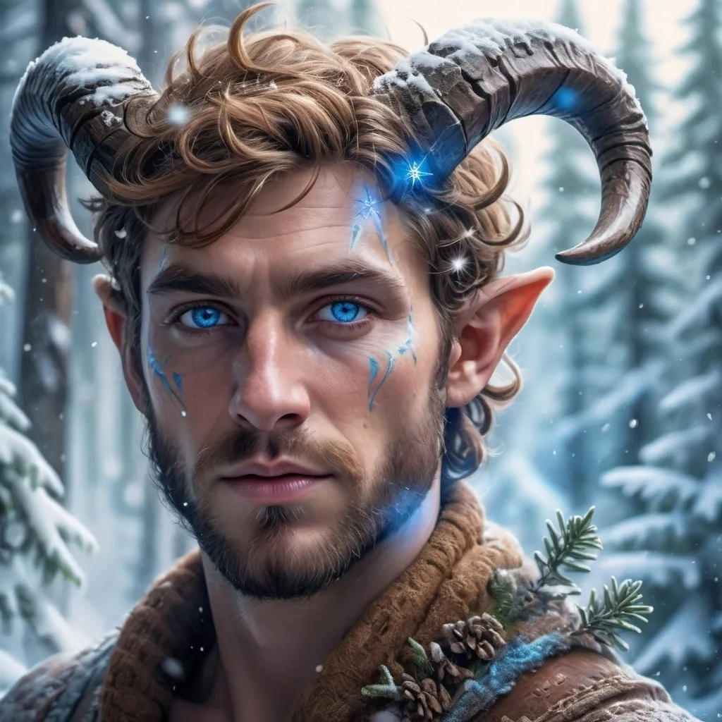 Prompt: Mythical man with horns, (blue eyes), icy snowy forest setting, (fir trees), delicate snowflakes adorning his face, (fantasy art), enchanting atmosphere, deep magical vibe, rugged expression, epic fantasy character design, lush textures, high detail, (ultra-detailed), infused with dramatic color contrasts, ethereal lighting.