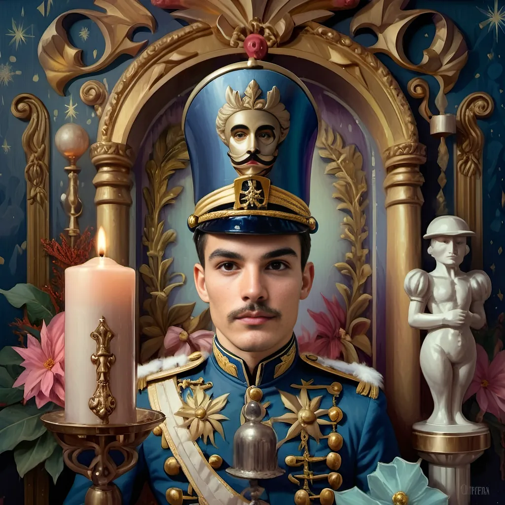 Prompt: a nutcracker with a candle and a candle holder in front of it, surrounded by christmas decorations, Anne Stokes, pop surrealism, extremely detailed oil painting, an airbrush painting