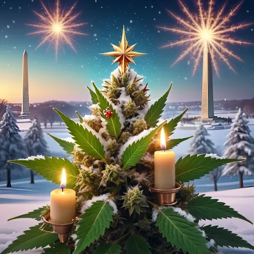 Prompt: a marijuana flowering bud decorated as a christmas tree with candles and a star above it with a snowy landscape in the background and a lit candle with Washington monument