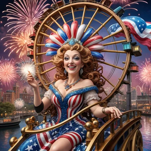 Prompt: A vibrant and dynamic scene capturing the essence of freedom, (7 Wonders Art Glass Studio), a person in (patriotic dress) riding a thrilling rollercoaster at Liberty Park, surrounded by breathtaking bursts of fireworks illuminating the dark sky. U.S. flag-themed floats float in the background, featuring the radiant Capital Wheel on the Wharf. This celebration serves as a (cultural homage to goddess Nuit), infused with vivid colors and high energy. 4K, ultra-detailed.