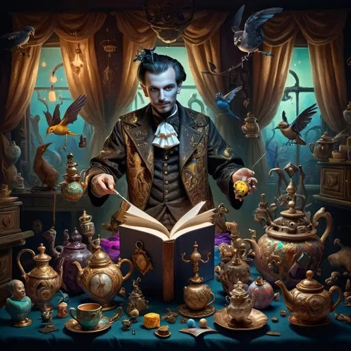 Prompt: (vibrant psychedelic still life), portrait of a magician jack-in-the-box man, surrounded by whimsical teapots and enchanting magical items, coming to life, playful ambiance, lively colors, an open book in front of him, surrealistic elements, dreamlike atmosphere, richly detailed background, (spectacular color gradients), ultra-detailed, eye-catching composition, high-quality artwork.