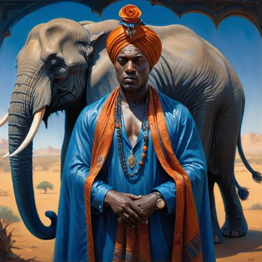 Prompt: (emphasizing a fine art painting), (dark fantasy art), a man in a turban, wearing a flowing blue cape, majestic elephant in the background, intricate details, vibrant colors, rich textures, heavy brush strokes, David Giancola style, (surreal atmosphere), infused with afrofuturism elements, highly sophisticated composition, cinematic lighting, evocative imagery, ultra-detailed, masterpiece quality.