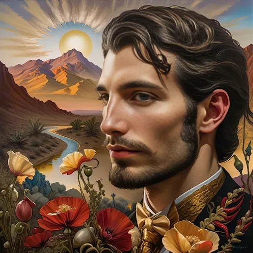 Prompt: A Seven Wonders Art Glass Studio portrait oil painting of a man with a beard in middle of Mojave Desert peak Poppy bloom season. Honoring Nuit