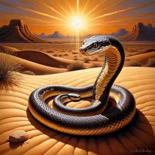 Prompt: (captivating snake painting), cobra in a vast desert landscape, golden sun illuminating the horizon, star twinkling in the twilight above, (evocative colors), rich earth tones contrasted with radiant sunbeams, fine art painting style, highly detailed, dynamic textures, captivating ambiance of solitude and majesty, (inspired by David A. Hardy).