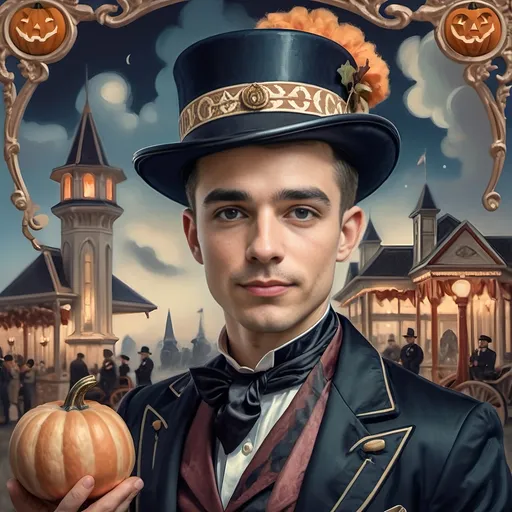 Prompt: (art deco style), vibrant color scheme, man in a top hat holding a pumpkin, still life portrait honoring Nuit, (magician with hat), strong sense of magic, all Hallows' Eve theme, detailed frame, enchanting sky background, ethereal clouds, inspired by Alejandro Burdisio, gothic art influences, (highly detailed digital painting), character portrait, (4K resolution), breathtaking ambiance, whimsical yet eerie vibe.