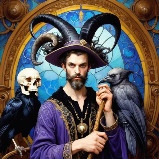 Prompt: Art Nouveau (style), pastel color scheme, a (man magician satyr) with (horns), holding a (skull) in one hand, a (crow perched on his shoulder), elegant pose, stylized cane topped with a (skull orb), intricate stained glass patterns and porcelain influences in the background, dreamy ambiance, (fluid lines), detailed, smooth textures, high quality, ultra-detailed watercolor techniques.