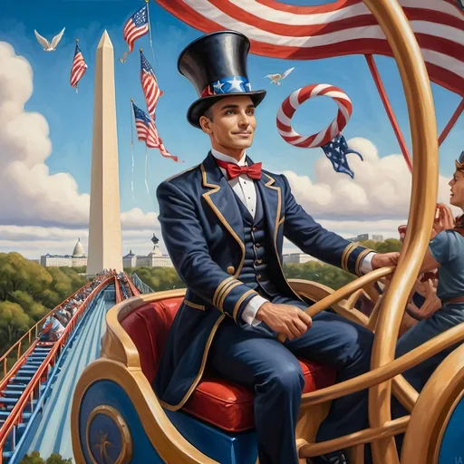 Prompt: (Acrylic painting of a magician man), wearing a (patriotic top hat), joyfully riding a (whimsical rollercoaster) in Liberty Park, with (HD details), vibrant colors, and enchanting motifs. The scene features the (Washington Monument) in the background, as well as the phrase (accurately spelled text "Yankee Doodle"). An aura of celebration and magic surrounds the image, honoring Nuit and the Aeon of Horus.