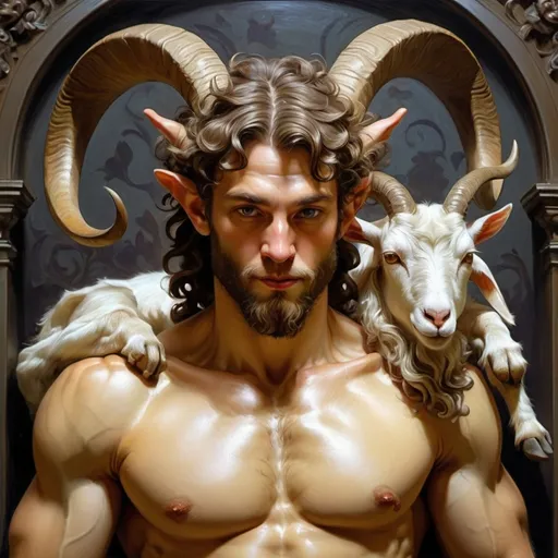 Prompt: (art nouveau style), (vibrant color scheme), satyr man with horns, goat on his shoulder, (detailed features), expressive pose, intricate floral patterns in the background, dynamic lines, (highly detailed digital painting), (oil painting), atmospheric lighting, majestic aura, inspired by Donato Giancola, (figurative art), (4K), visually captivating composition, enchanting and lively ambiance.