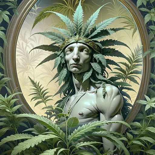 Prompt: (A highly detailed digital painting) of a neoclassical portrait showcasing Pan next to a goat statue idol with a goat atop its head, reflecting in a large, ornate mirror. Surrounding this enchanting scene are dark, esoteric, mysterious flora, conveying a sense of magic and reverence for Nuit. The artwork emanates a profound and captivating ambiance, merging the fantastical with the ancient, creating a visual masterpiece.