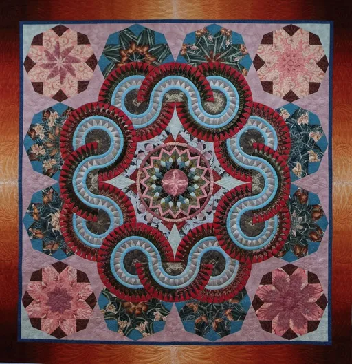 Prompt: a quilted wall hanging with a circular design on it's center piece, with a red center piece in the middle, Annie Abernethie Pirie Quibell, arts and crafts movement, highly intricate, a cross stitch