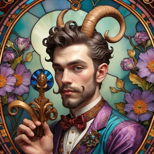 Prompt: (Art Nouveau style) Satyr man, detailed (stained glass and porcelain horns), vibrant colors, intricate (Japanese influence), still-life portrait, lush floral background, artistic elegance, ethereal atmosphere, emphasis on colorful patterns, high contrast, (ultra-detailed), mesmerizing composition, harmonious color palette, luxurious textures, enchanting ambiance, captivating yet serene vibe, artistic masterpiece.