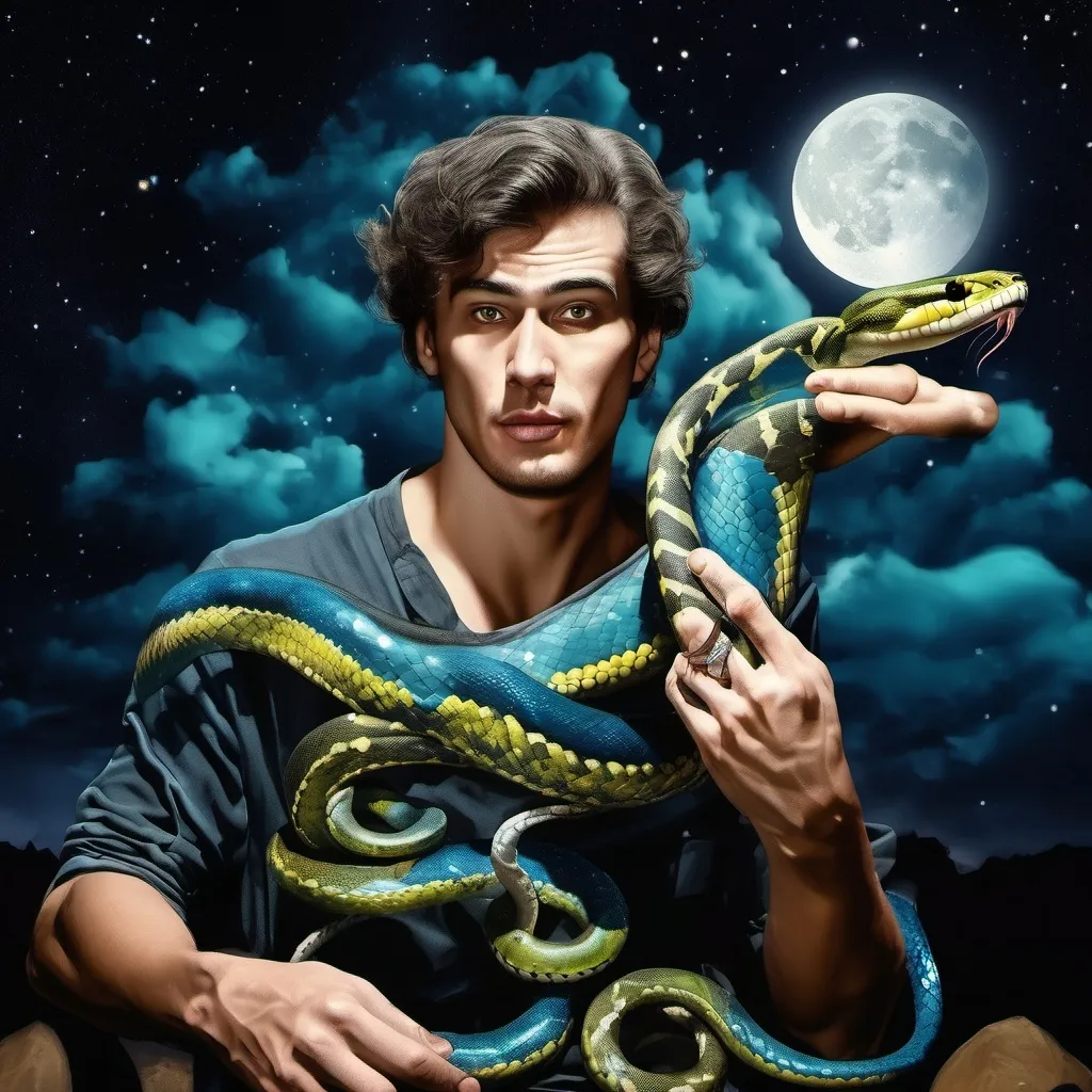 Prompt: a man holding a snake in his hands in front of a night sky with stars and a full moon, Christian W. Staudinger, pop surrealism, highly detailed digital painting, a photorealistic painting