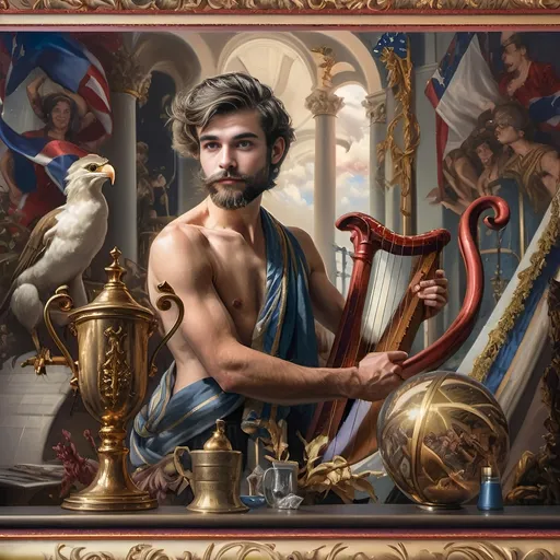 Prompt: Honoring Nuit, this is a Seven Wonders Art Glass Studio oil painting of a man with a beard holding a harp and a cup of wine next to a golden cup, Ditlev Blunck, neoclassicism, classical painting, a flemish Baroque.  Printing captures a mortal honoring the God Pan.