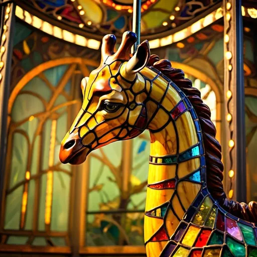 Prompt: (Art Nouveau style) a stained glass giraffe carousel giraffe is on a carousel (Carousel of Dreams) ride at a carnival park with lights on the ceiling