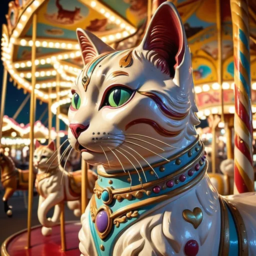 Prompt: a cat statue on a merry go round ride with lights in the background and a carousel in the background, Chris LaBrooy, pop surrealism, highly detailed digital art, a photorealistic painting