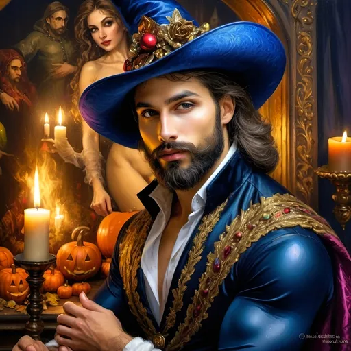 Prompt: (honoring Nuit), captivating handsome man magician with an elegant beard, wearing a pointed witch hat, (renaissance baroque painting style), facial features highlighted in detail, dark mystical background that enhances the allure, rich deep colors creating dramatic contrast, elements of Halloween celebration subtly interwoven, inviting an atmosphere of enchantment and mystery, ultra-detailed, a captivating masterpiece.