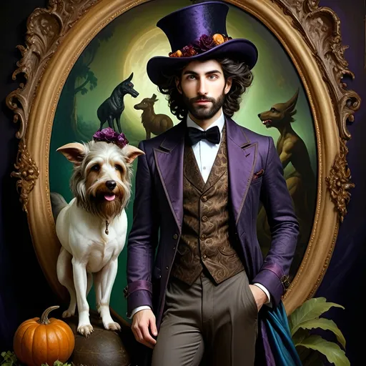 Prompt: (honoring Nuit), moon and stars) captivating handsome man magician, pointed witch hat, facial features highlighted, elegant beard, (renaissance baroque painting style), dark mystical background, rich deep colors with dramatic contrast, elements of Halloween celebration in still life arrangement, enigmatic ambiance, intricate shadows and light, (highly detailed), evoking intrigue and enchantment.